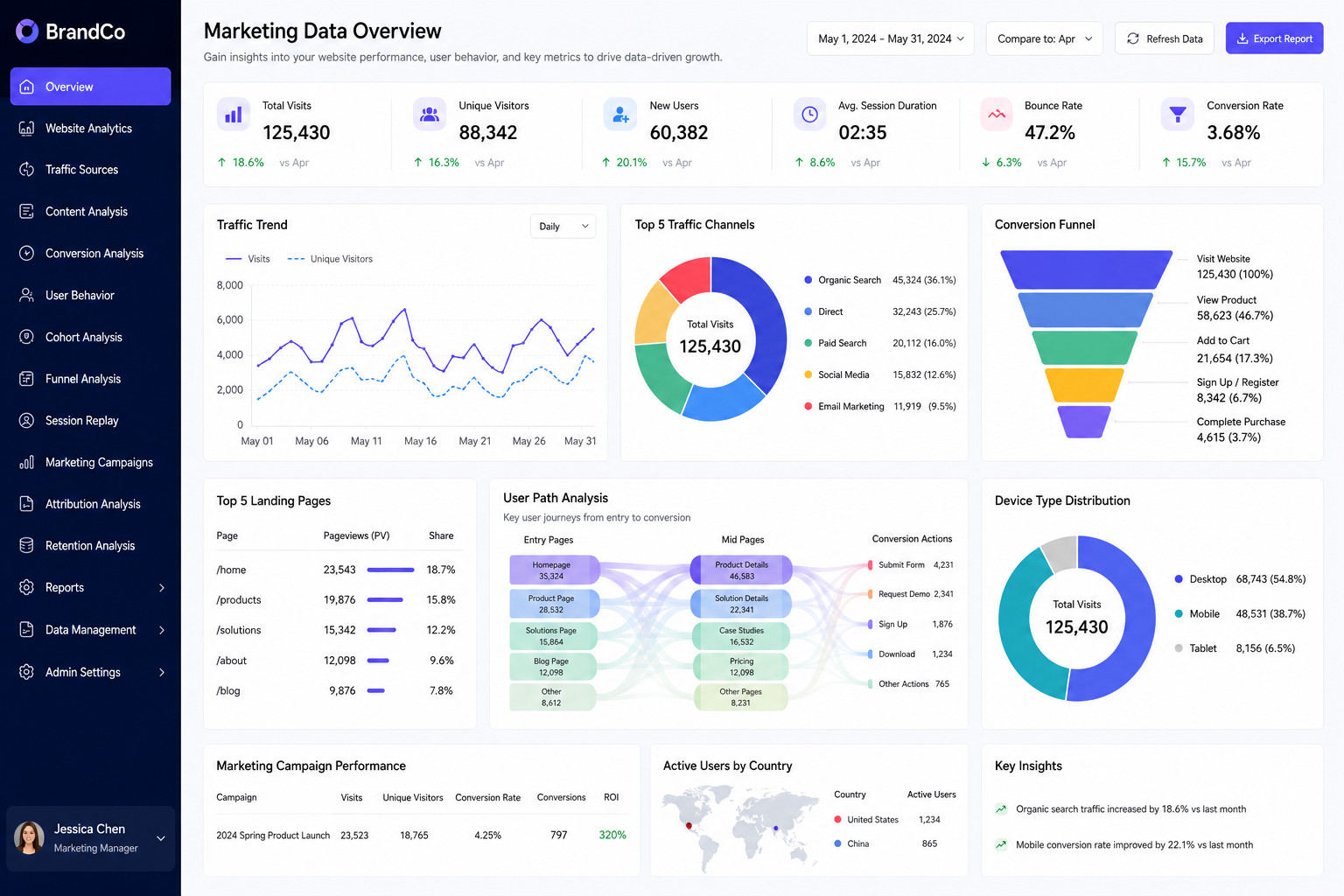 Marketing data overview dashboard showing website traffic, traffic sources, conversion funnel, user behavior paths, device distribution, and campaign performance metrics