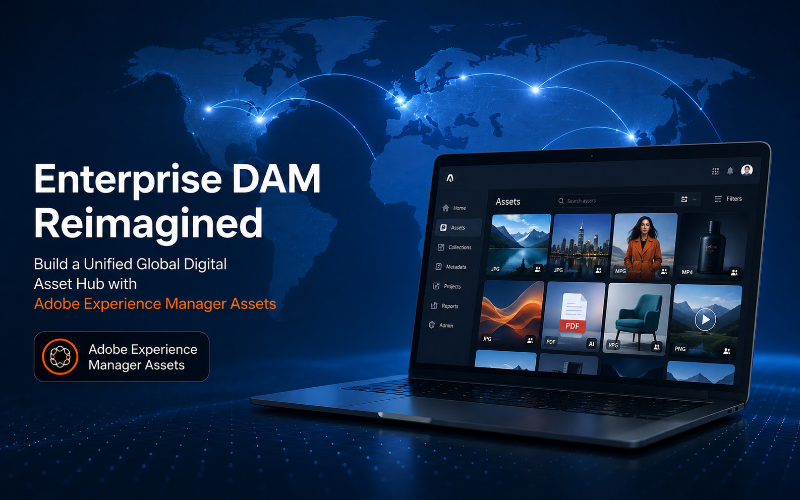 Architecture diagram of a global Digital Asset Management (DAM) system showing multinational team collaboration, centralized asset management, and improved marketing efficiency