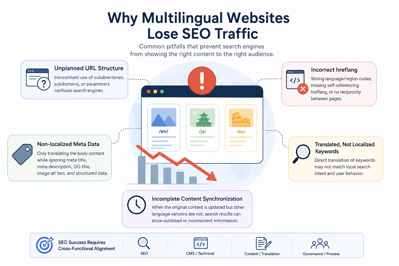 Infographic explaining five common reasons multilingual websites lose SEO traffic