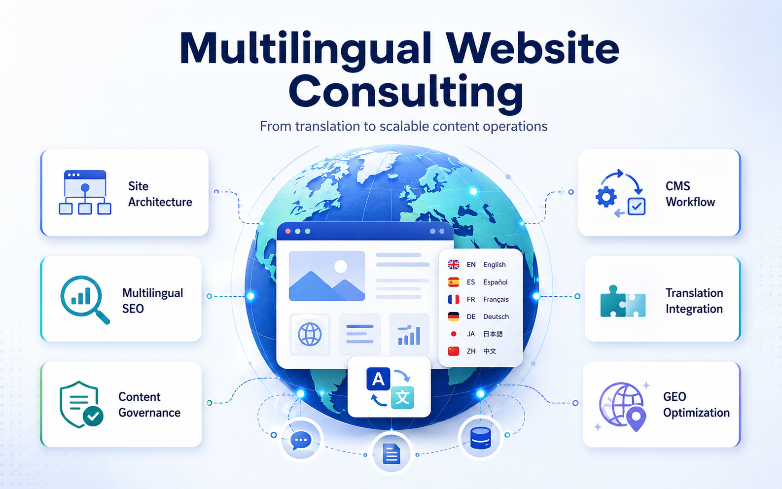 Multilingual website consulting services covering site architecture, multilingual SEO, content governance, CMS workflows, and AI search optimization