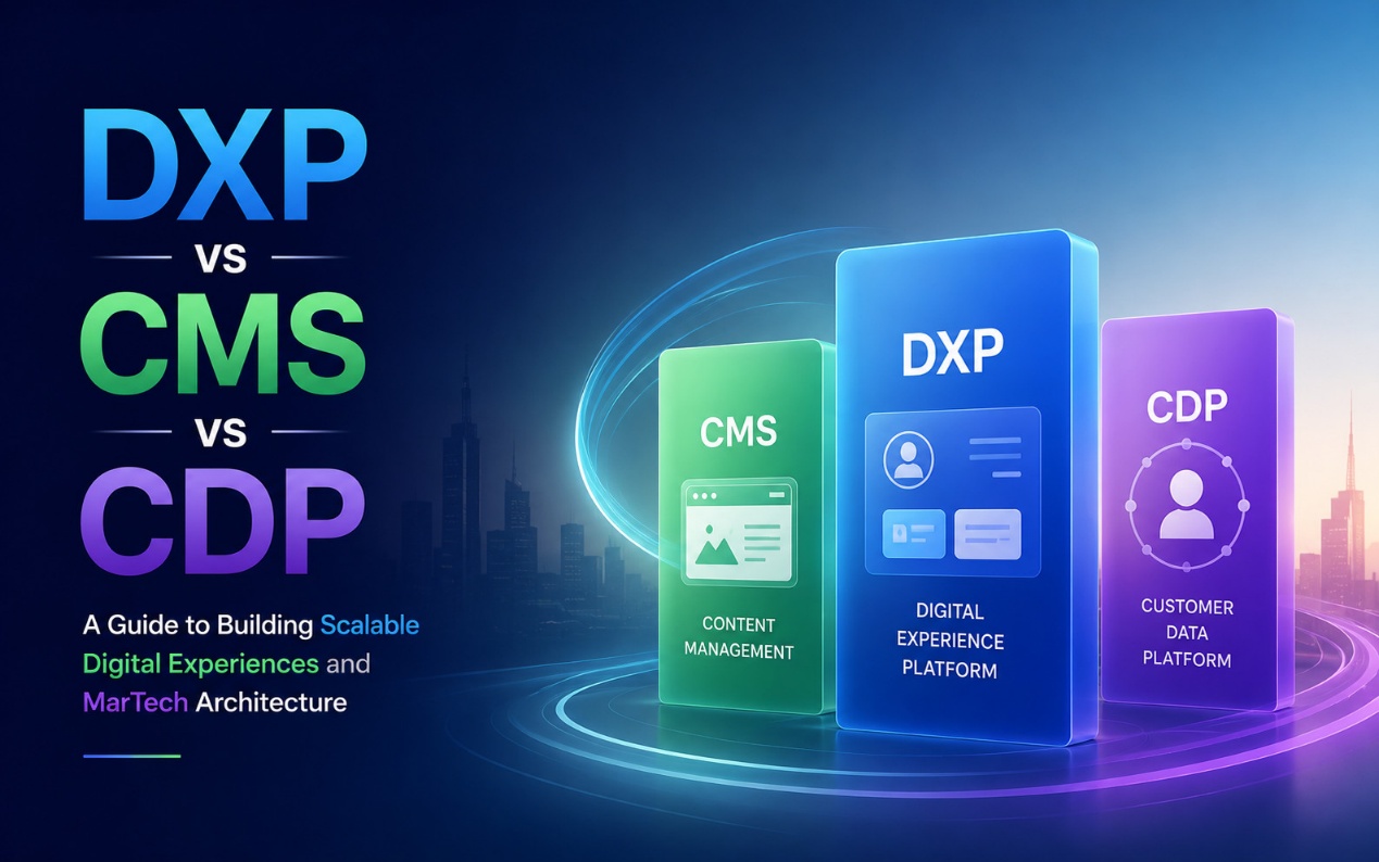 Cover image introducing DXP, CMS, and CDP comparison and MarTech architecture planning
