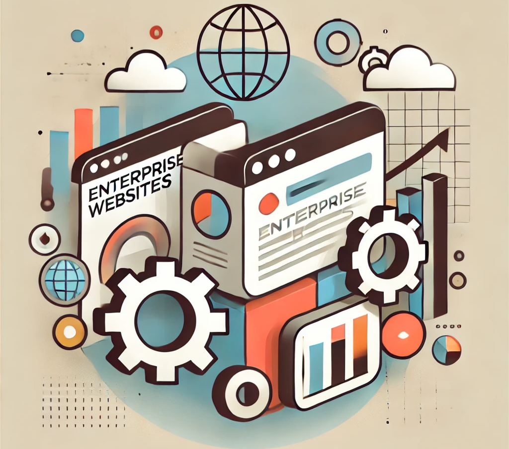 Illustration of an enterprise website ecosystem showing web interfaces, backend gears, data analytics charts, and cloud-based global connectivity