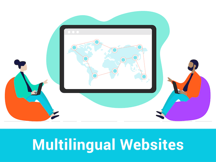 Illustration of multilingual websites showing users accessing multilingual content through a globally connected map