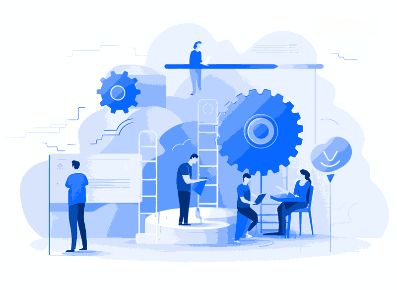Illustration of team collaboration showing website planning, development, and management in a digital project environment