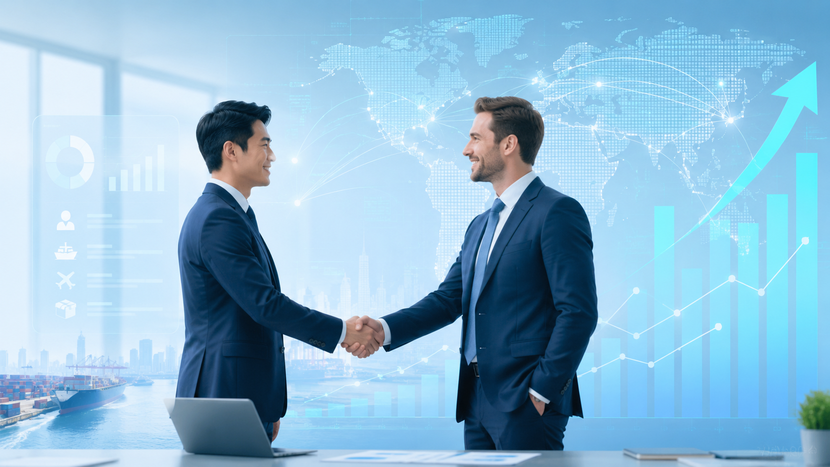 International business partners shaking hands at a port with global logistics data interface, symbolizing digital strategy partnership
