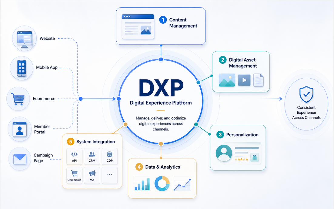DXP 整合內容管理、數位資產、個人化、數據分析與系統整合能力