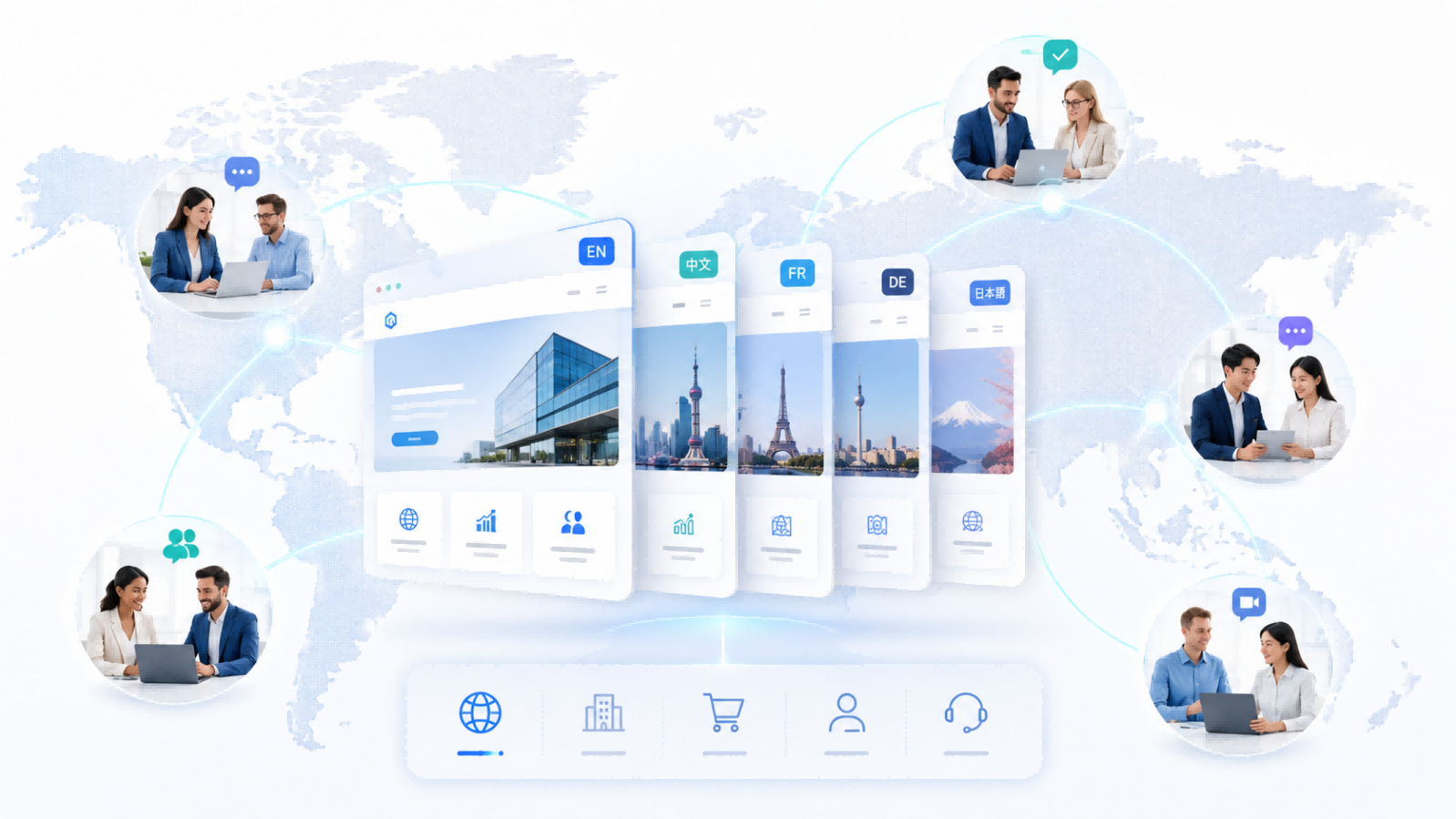 Global website localization and international market collaboration diagram