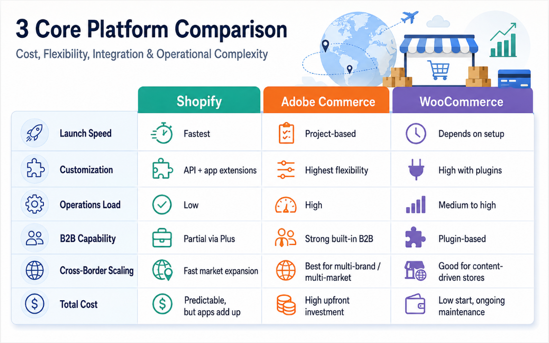 Shopify, Adobe Commerce and WooCommerce core platform comparison
