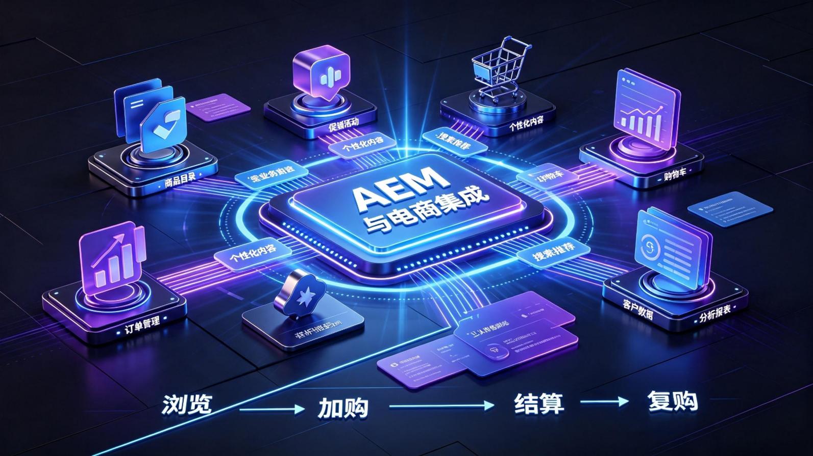 AEM与电商集成覆盖浏览、加购、结算与复购全链路