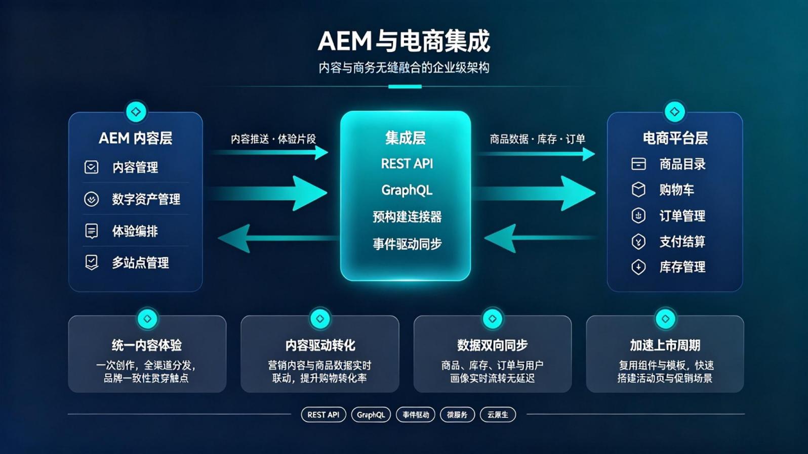 AEM系统连接内容层、集成层与电商平台层