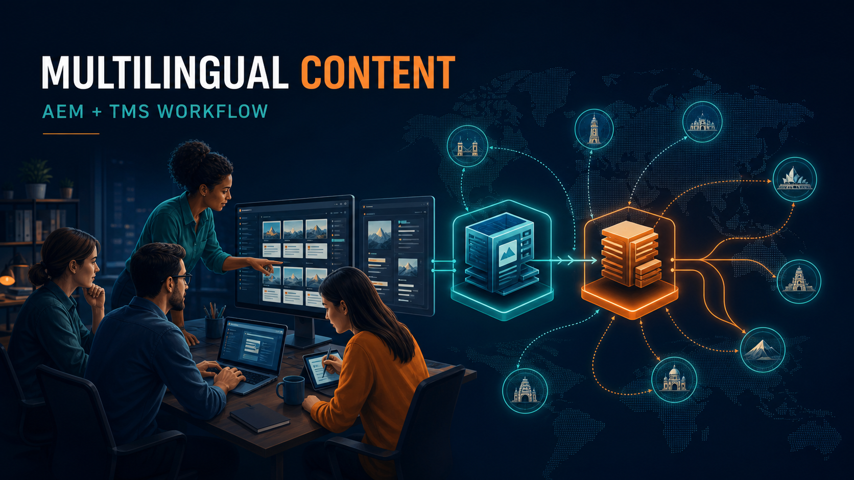 AEM and TMS workflow for managing multilingual content across global markets.