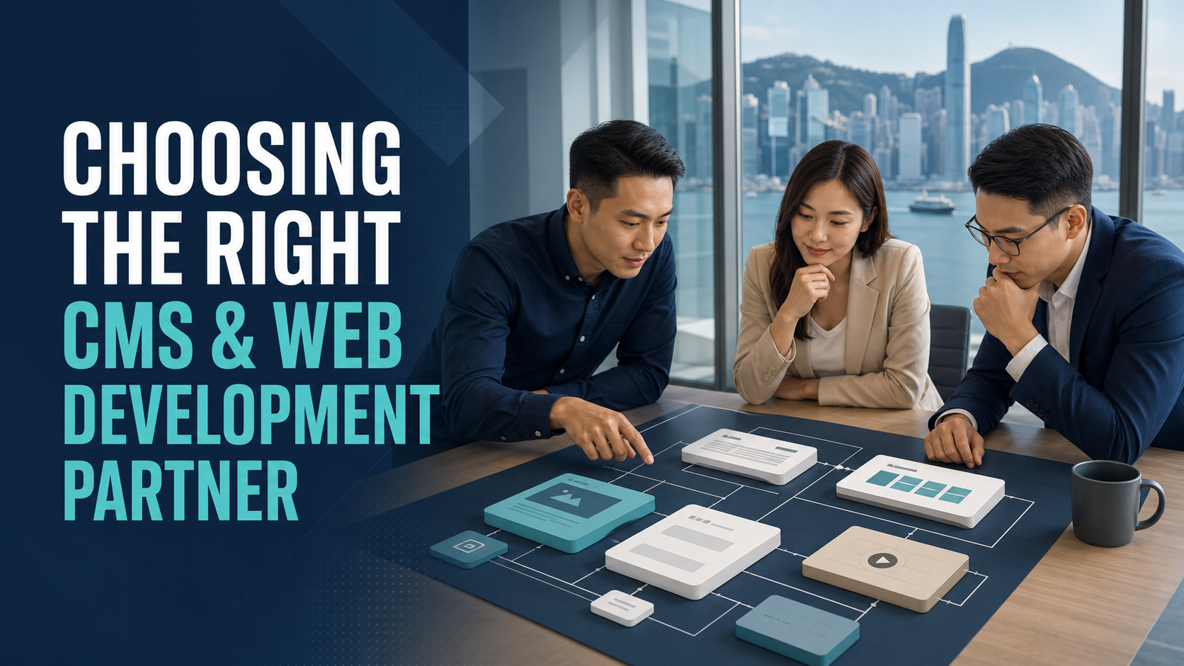 Hong Kong CMS and website development vendor selection cover showing a team evaluating website-interface options.