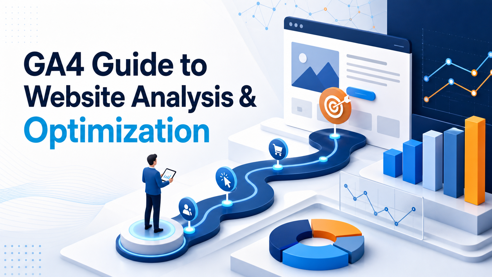 Cover image for the GA4 website analysis and optimization guide, showing website analysis paths, charts, and growth metrics.