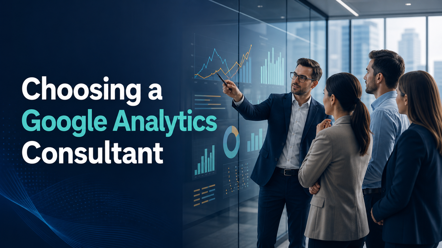 Google Analytics consultant selection cover featuring a consulting team and analytics dashboard.