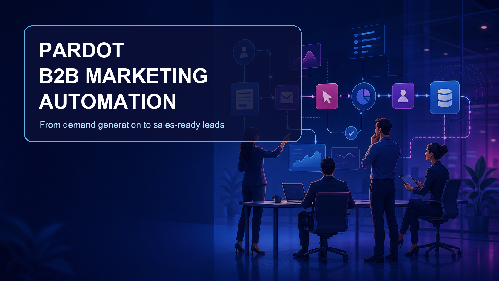 Pardot B2B Marketing Automation 應用主視覺，展示行銷團隊分析自動化客戶旅程與銷售交接。