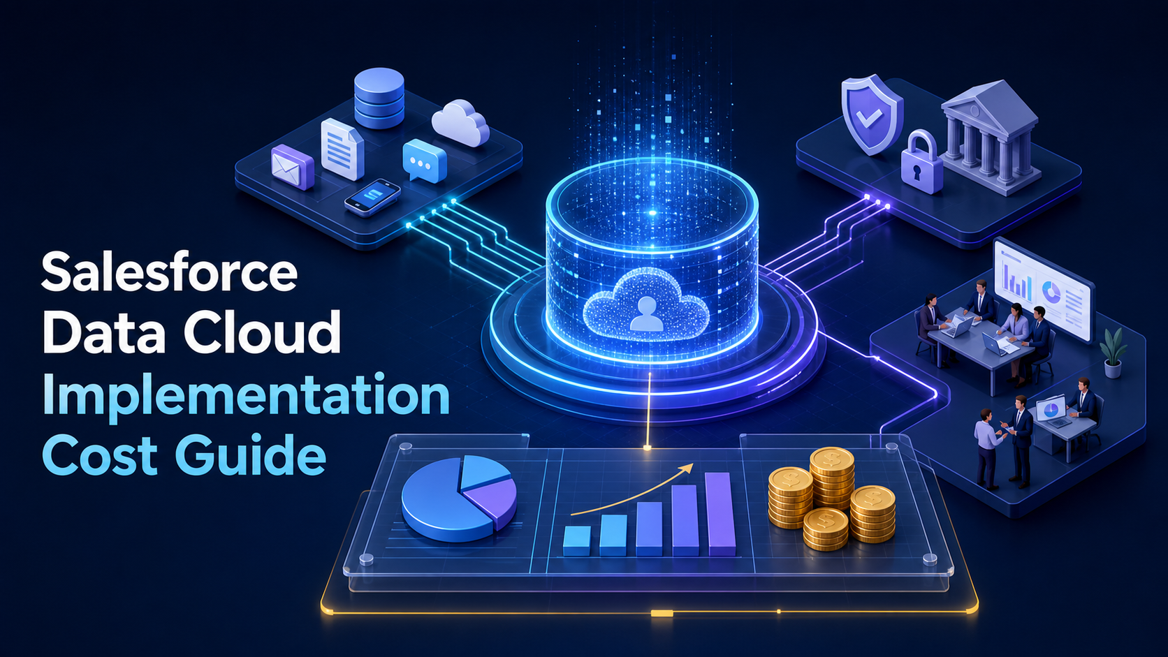 Salesforce Data Cloud 成本指南主視覺，以中央客戶資料平台連接雲端、治理、分析及企業應用，呈現導入預算與資料整合主題。