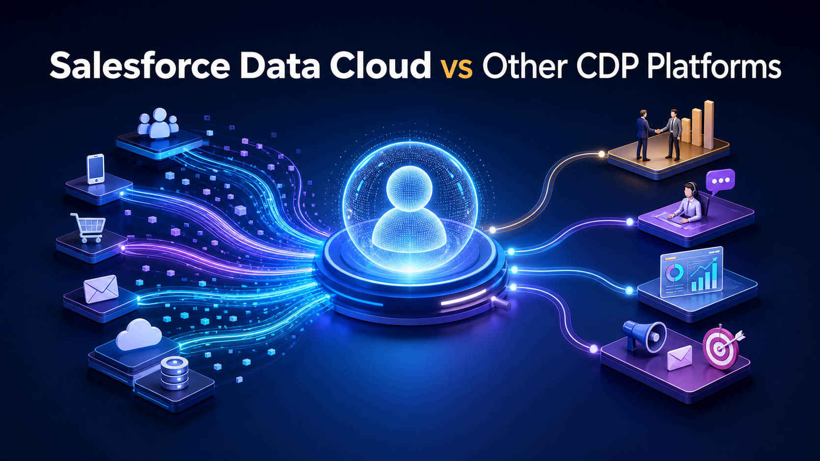 Salesforce Data Cloud 與其他 CDP 平台比較主視覺，以統一客戶資料核心連接多個來源及業務渠道。