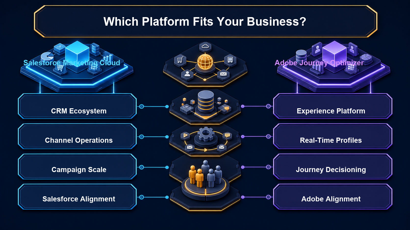 雙欄資訊圖比較 Salesforce Marketing Cloud 與 Adobe Journey Optimizer 在 CRM 生態、渠道營運、資料平台、即時客戶檔案及旅程決策方面的適配度。