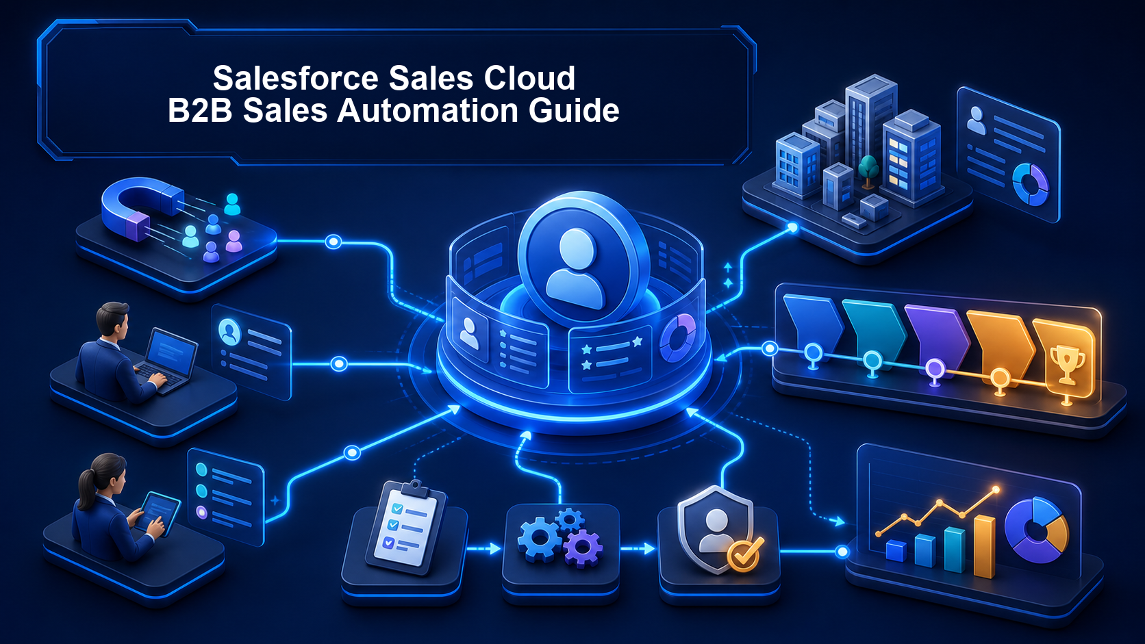 Salesforce Sales Cloud B2B 銷售自動化主視覺，以客戶資料核心連接 Lead、業務人員、商機階段、任務、管治及分析。