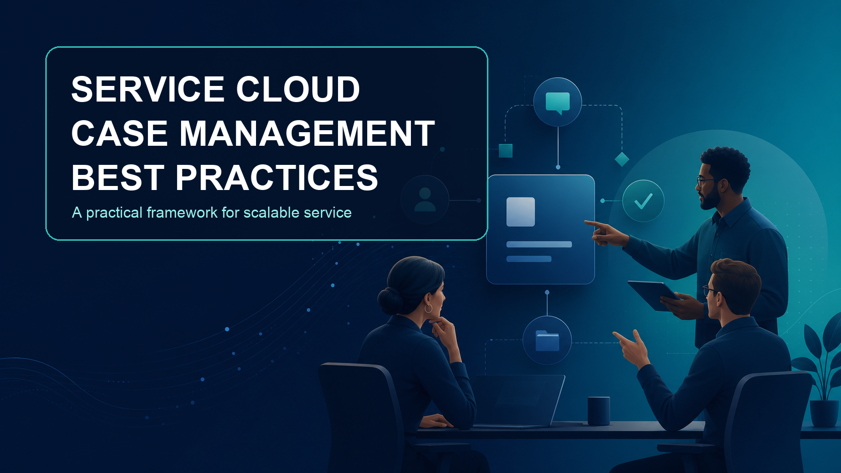 Service Cloud Case Management best practices hero image showing an enterprise service team collaborating around a case workflow.