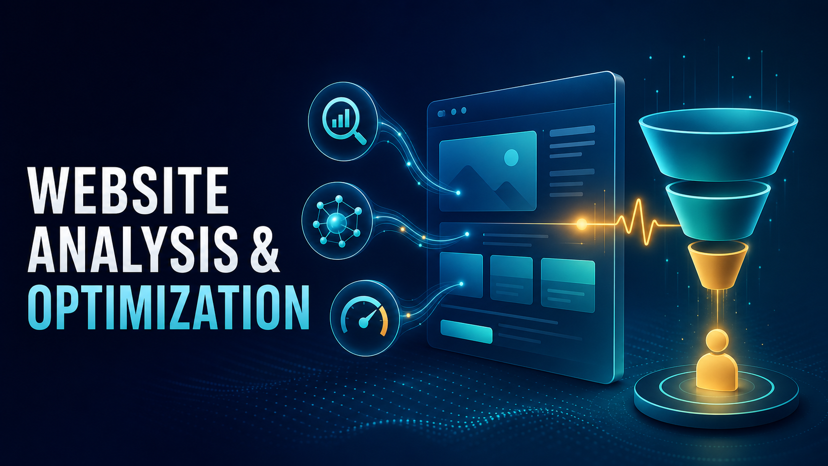Website analysis and optimization cover image featuring a website interface, analytics nodes, and a conversion funnel.