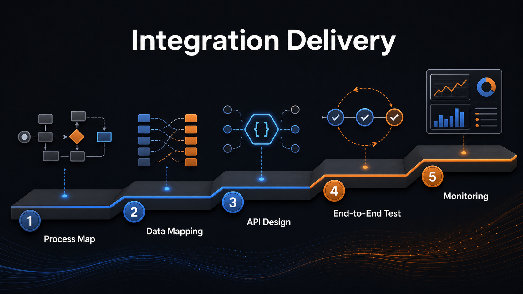 Enterprise integration delivery process from business workflows and data mapping to API design, end-to-end testing, and monitoring.