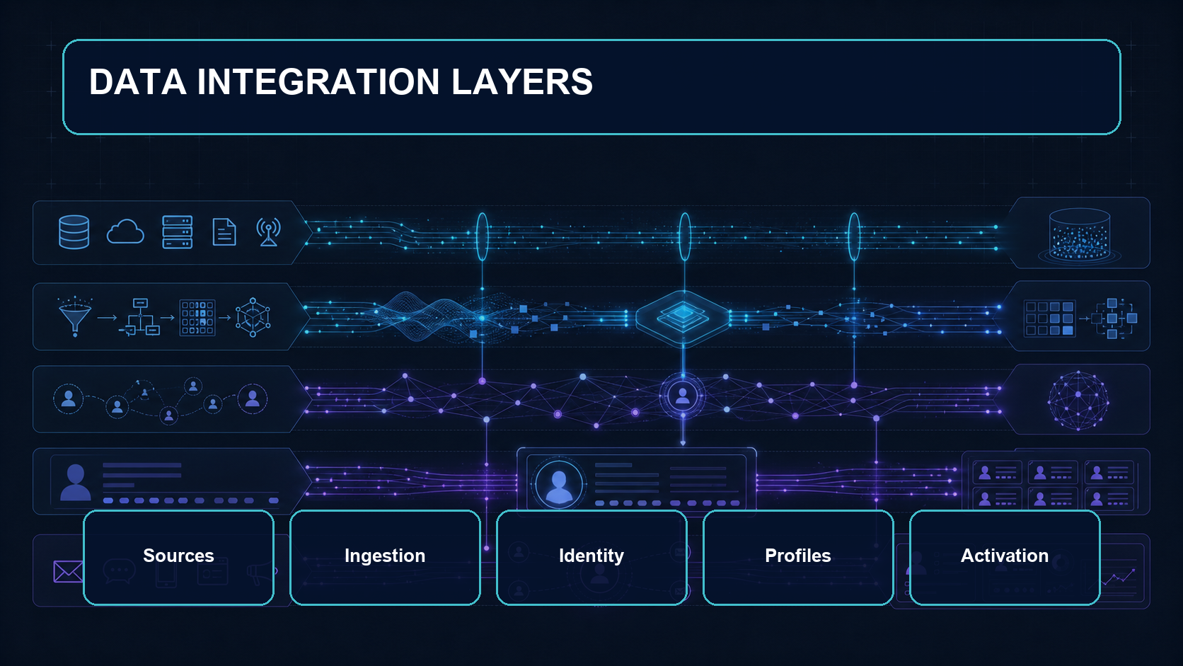 Data Integration Layers diagram showing the relationship among source systems, data ingestion, identity resolution, unified profiles, and activation.