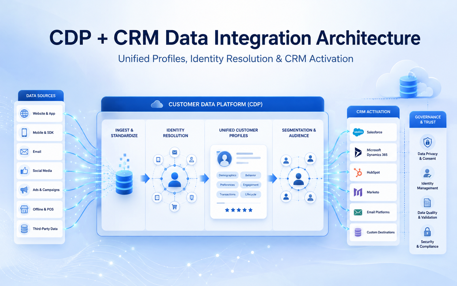 CDP and CRM data integration architecture showing how multiple data sources connect to a unified profile and business activation.