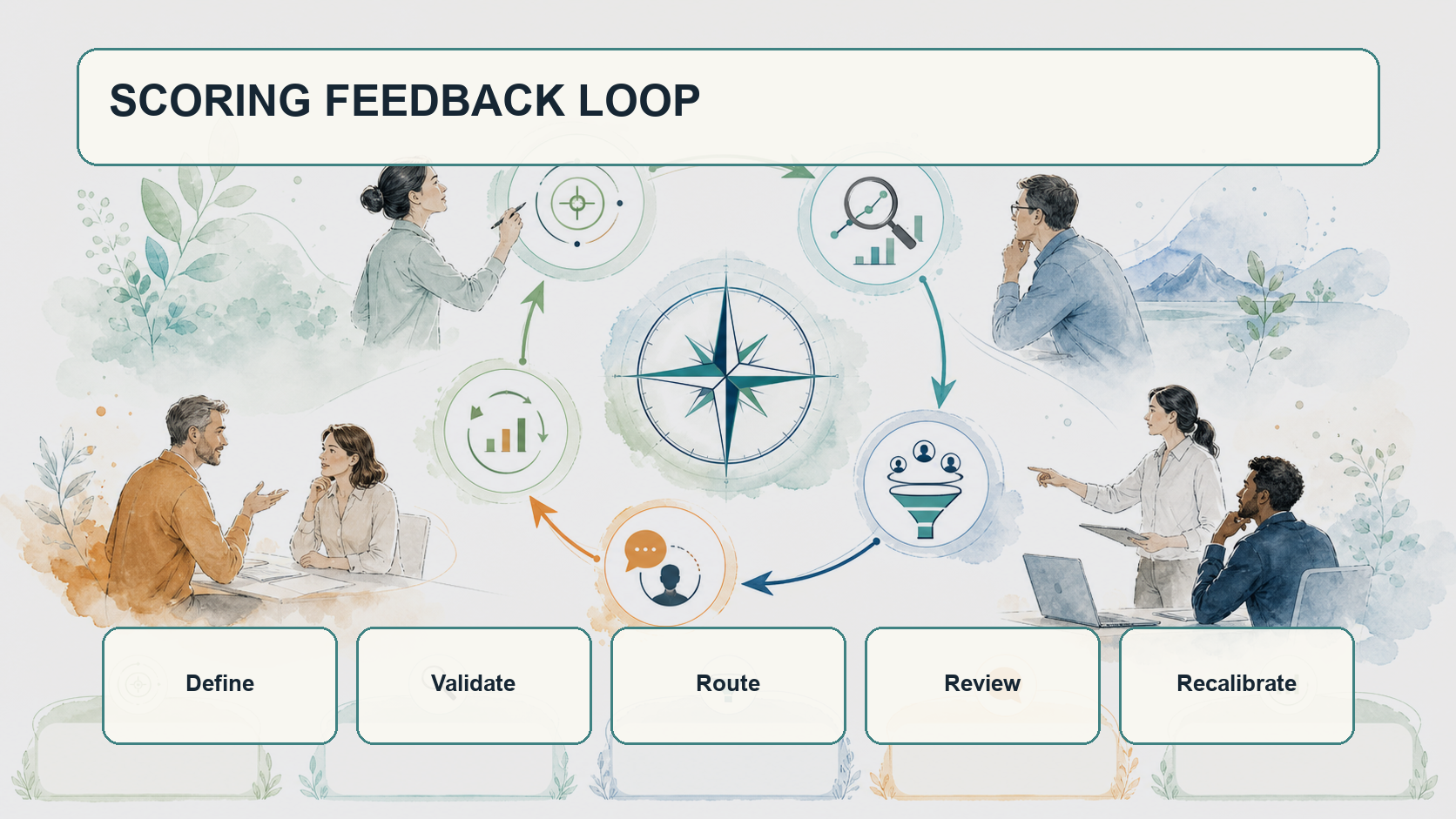 A light watercolor Scoring Feedback Loop diagram connecting Define, Validate, Route, Review, and Recalibrate.