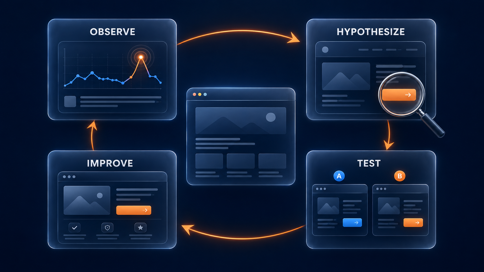 Web analytics cycle of observation, hypothesis, validation, and improvement