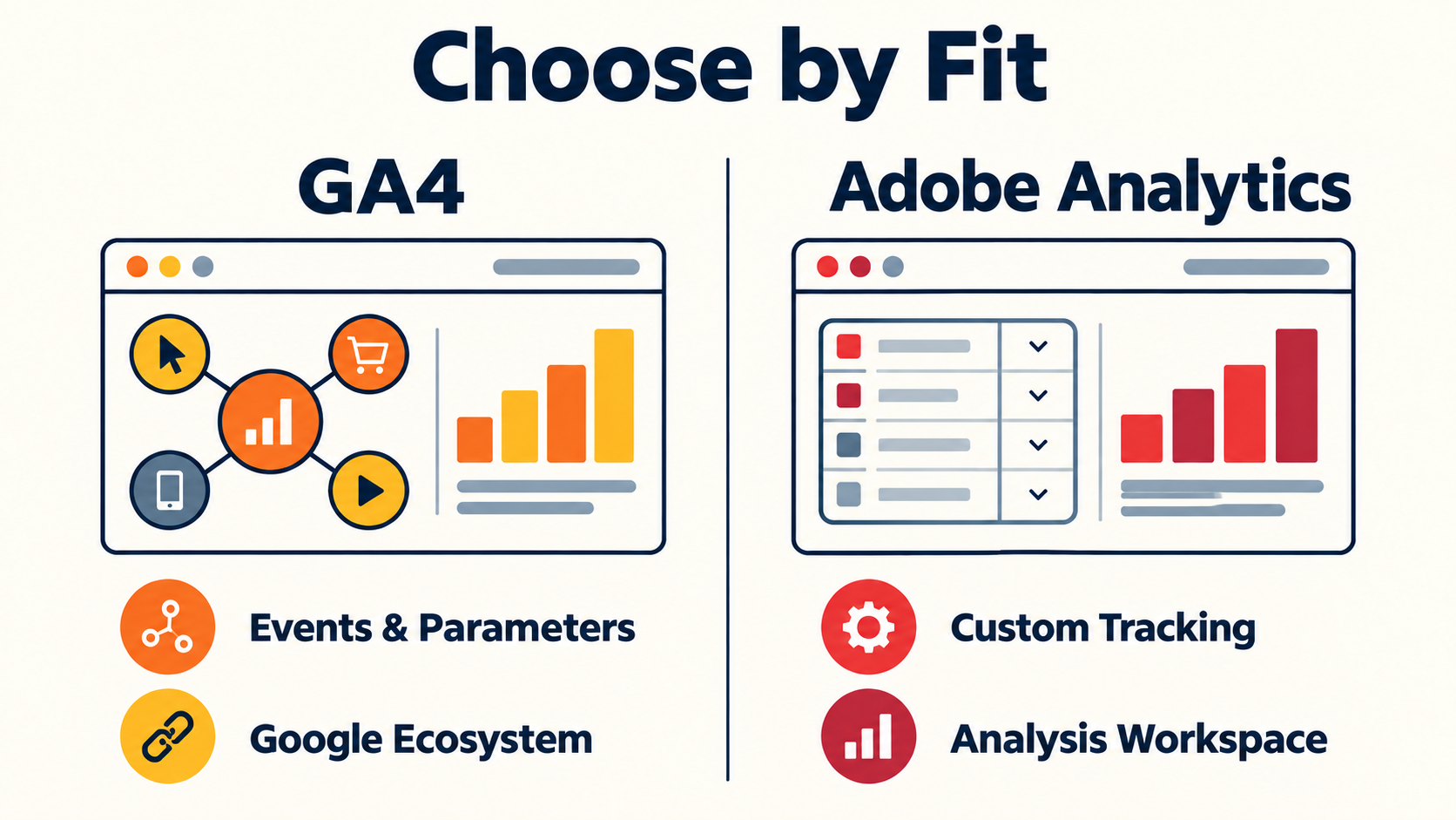 A comparison of GA4 and Adobe Analytics features, data models, and ecosystem integrations