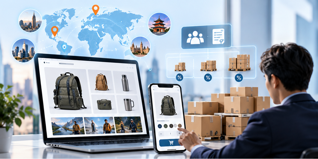 Shopify B2B wholesale storefront and cross-border market management illustration