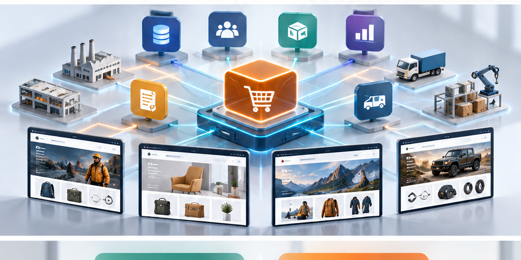 Adobe Commerce API architecture connecting ERP, CRM, inventory, and logistics