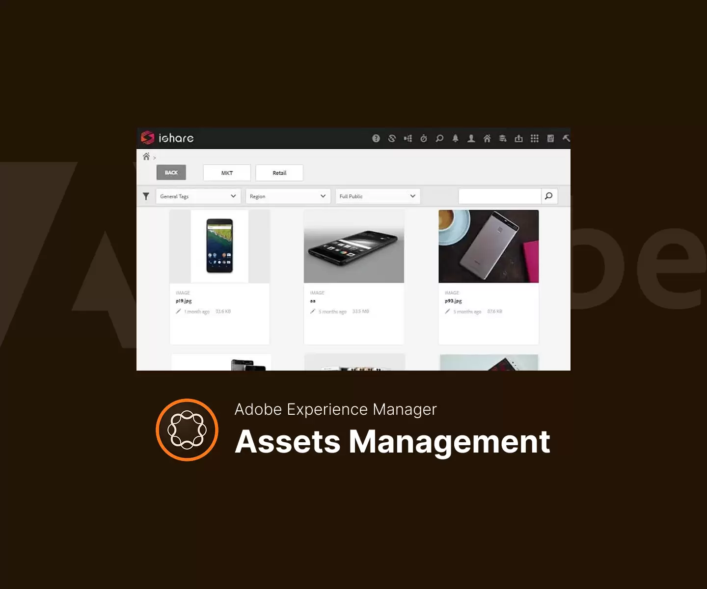 AEM Assets 品牌素材库的分类筛选与搜索界面
